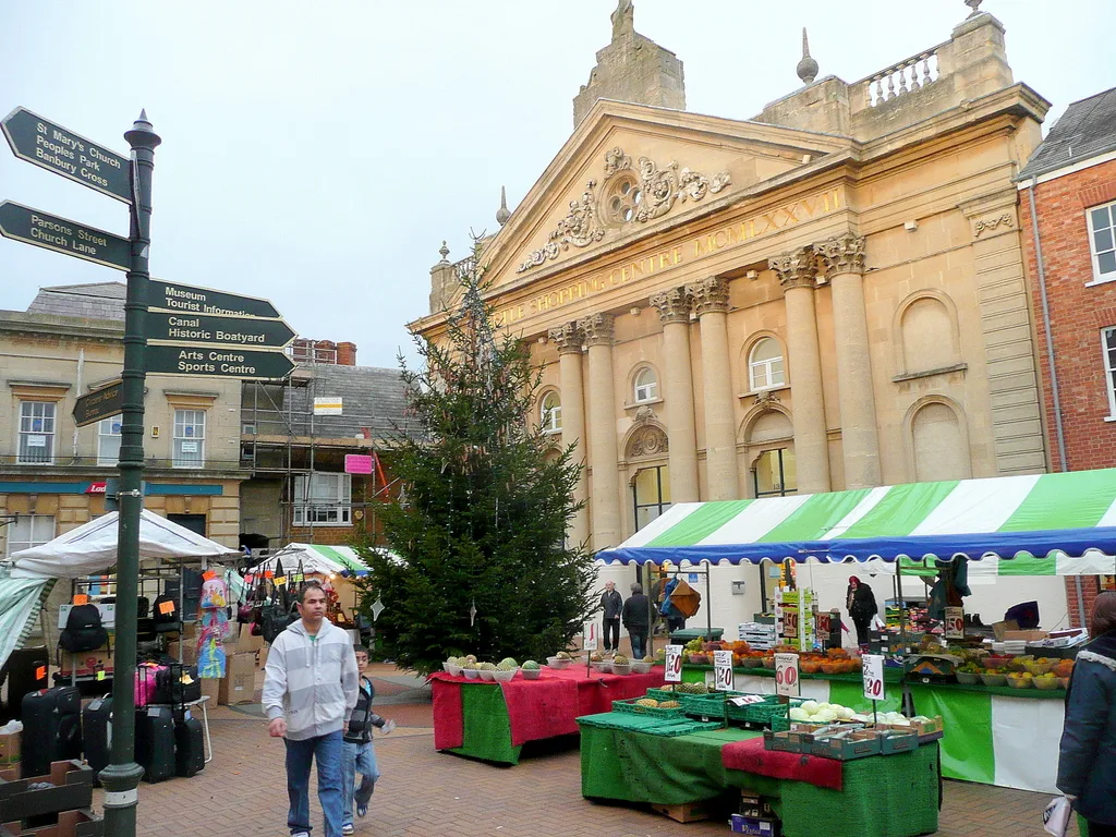Banbury Market Place with the Christmas tree up, where the switch-on stage goes