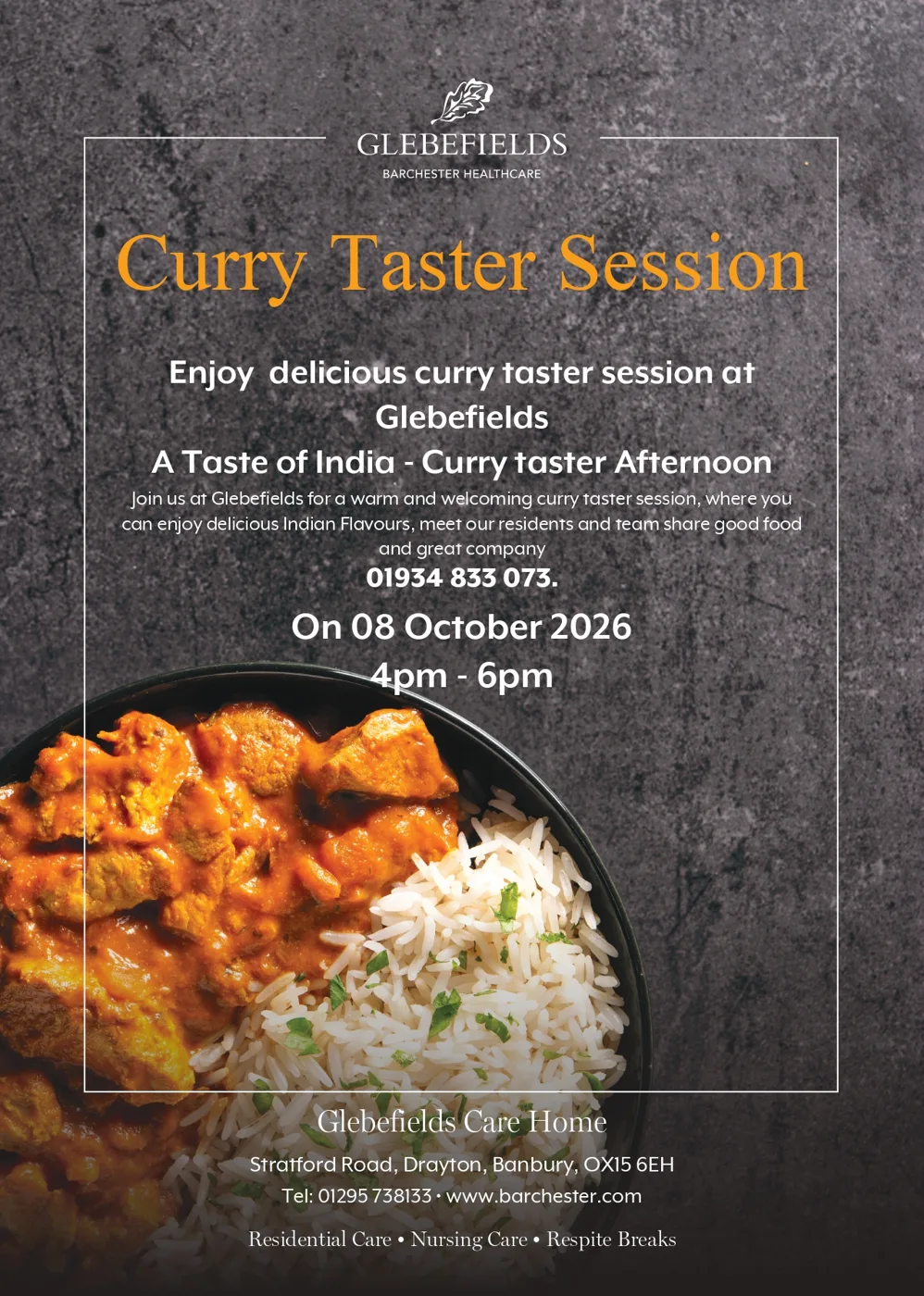 Poster for the Curry Taster Session at Glebefields Care Home: A Taste of India, Curry Taster Afternoon, 8 October 2026, 4pm to 6pm, Stratford Road, Drayton, Banbury, OX15 6EH, with a bowl of curry and rice