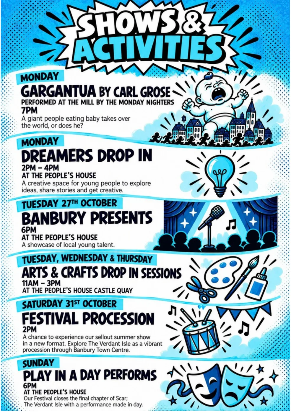 Tell Your Story Festival leaflet page of shows and activities: Gargantua Monday 7pm, Dreamers Drop In Monday 2pm to 4pm, Banbury Presents Tuesday 27 October 6pm, arts and crafts drop ins 11am to 3pm, festival procession Saturday 31 October 2pm, Play in a Day performance Sunday 6pm