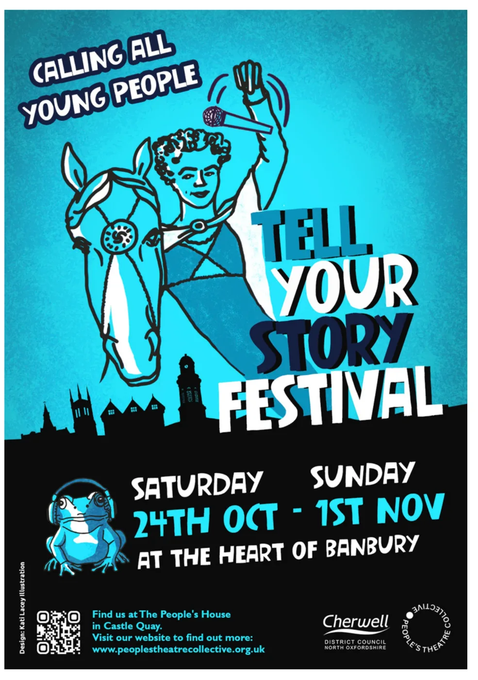 Festival leaflet cover: Calling all young people, Tell Your Story Festival, at the heart of Banbury, with a drawn rider on a horse above the Banbury skyline and a frog wearing headphones